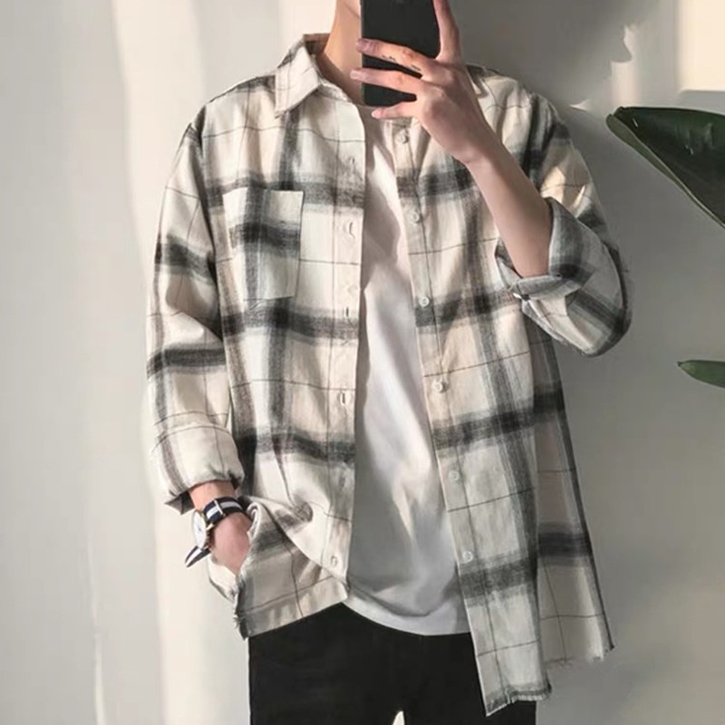 Áo sơ mi flannel kẻ sọc caro phong cách đường phố cho nam và nữ