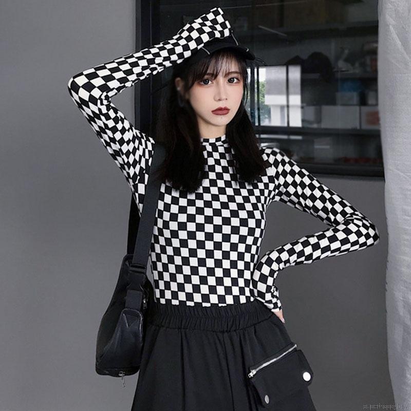 Áo thun tay dài in caro thời trang cá tính cho nữ