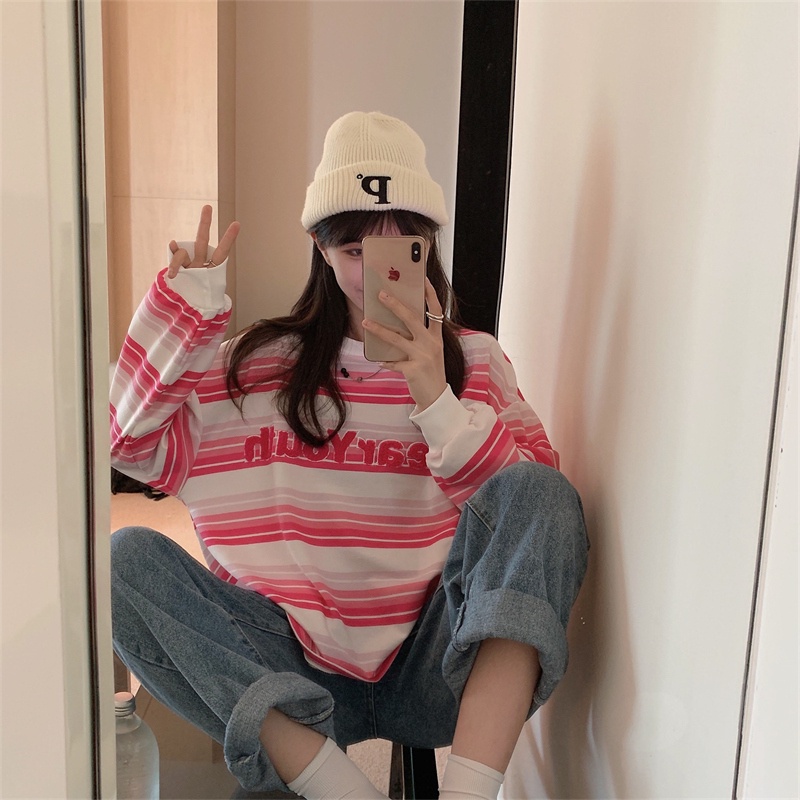 【ZHELIHANGFEI】Áo Thun Tay Dài Họa Tiết Sọc Theo Phong Cách Preppy Dễ Phối Đồ