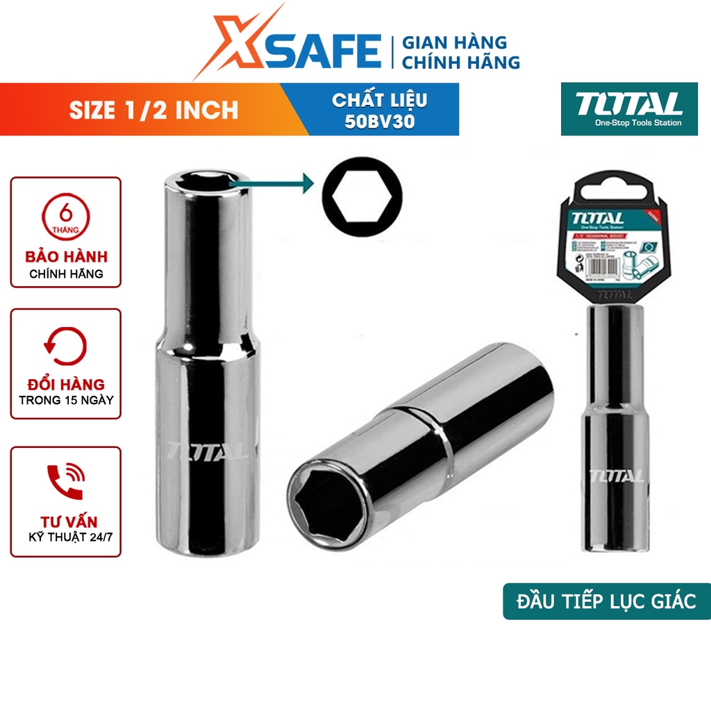 Đầu tiếp lục giác TOTAL đa dạng kích thước từ 8-32mm Đầu tiếp chất liệu 50BV30, chịu nhiệt, mạ niken đen, nhỏ gọn