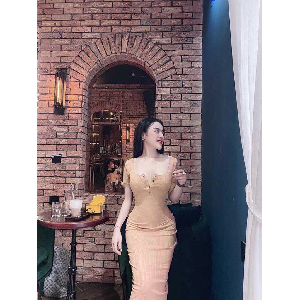 Đầm body nữ váy body cổ vuông tay ngắn phối cúc ngực sexy hàng thiết kế | BigBuy360 - bigbuy360.vn