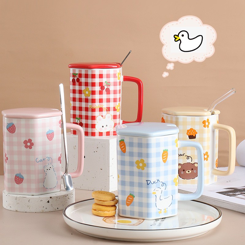 Mã 3S-63 Cốc sứ,ly sứ 400ml họa tiết kẻ Karo kute pho mai que