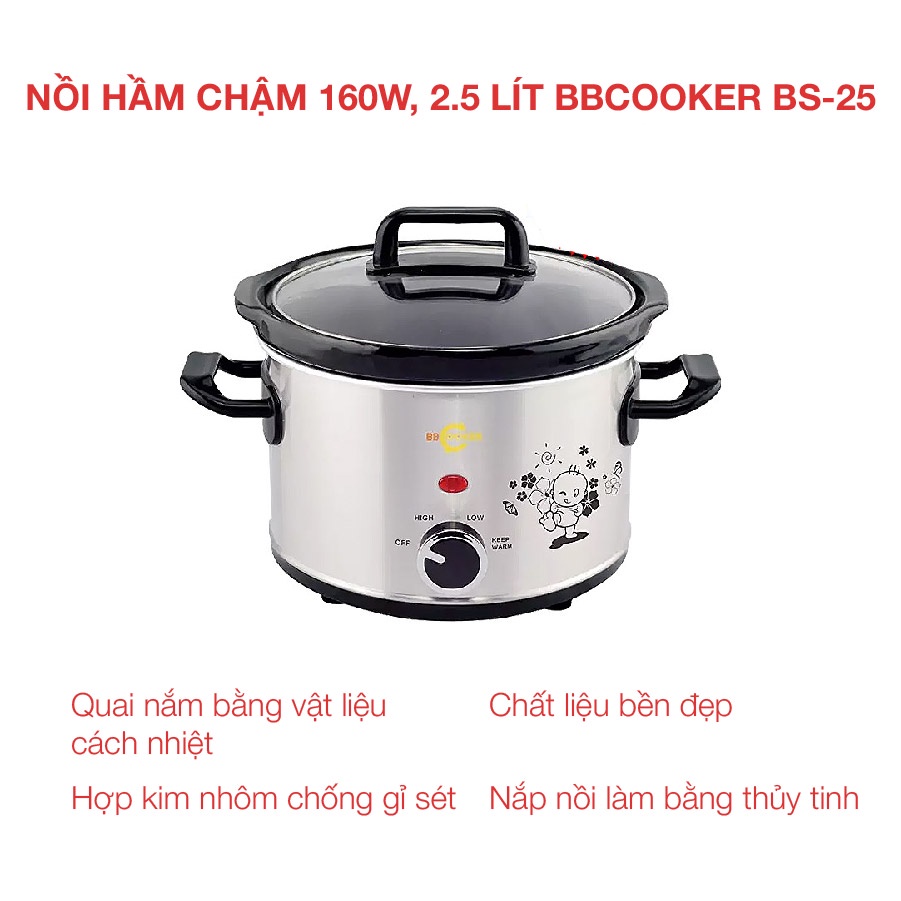 [Mã ELHADEV giảm 4% đơn 300K] Nồi hầm chậm 160w, 2.5 lít BBCooker BS-25