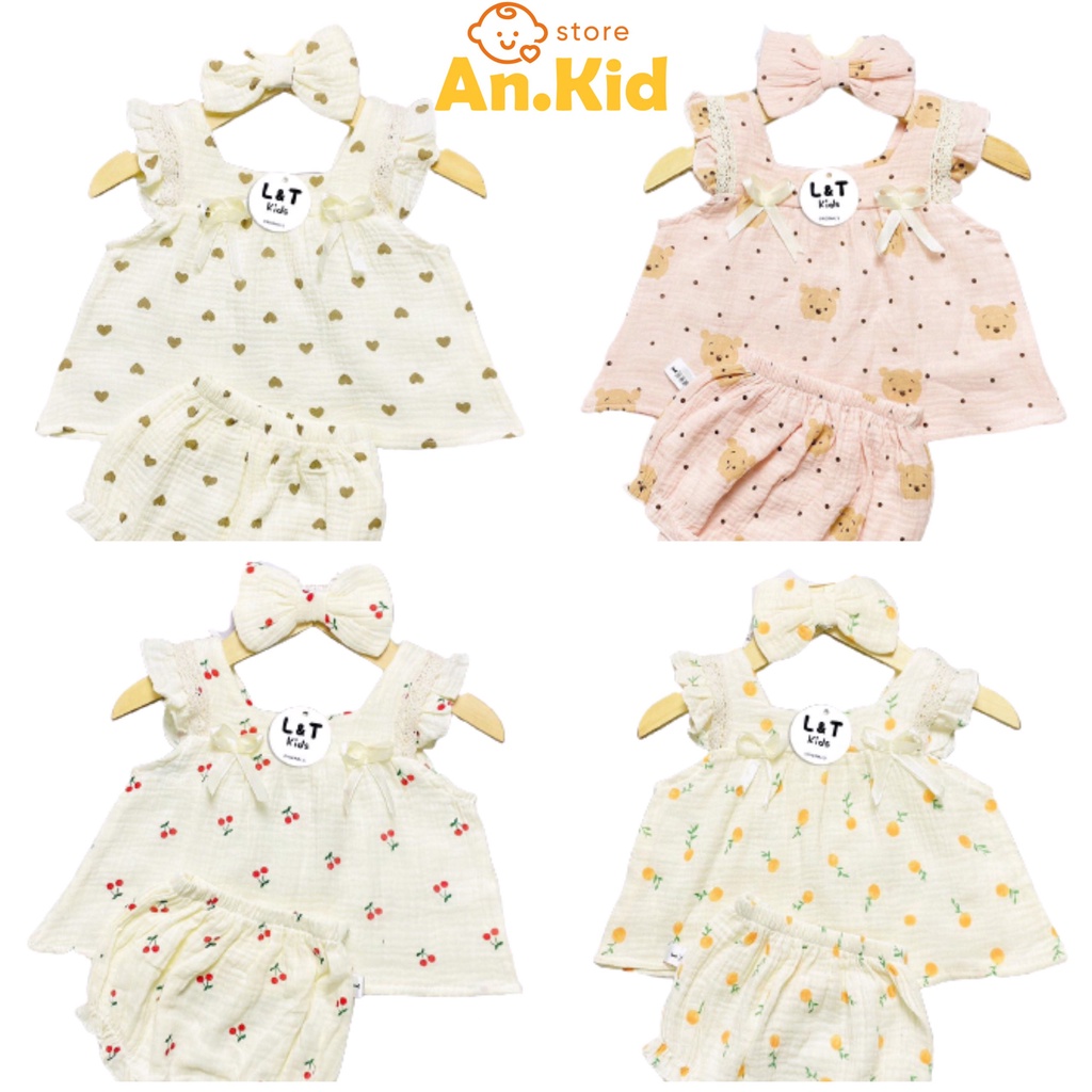 Bộ Đồ 2 Dây Cho Bé Gái Vải Đũi Xô Muslin Hoạ Tiết, Đồ Bộ Cho Bé Gái - AN.KID