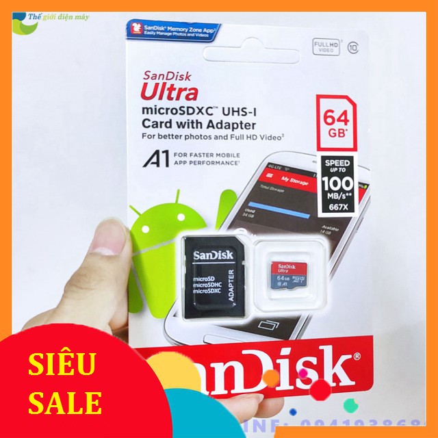 [SiêuRẻ] Thẻ Nhớ Sandick 64GB 100MB/s Chuẩn Class10 U1 A1 - Bảo Hành 12 Tháng - Shop Thế Giới Điện Máy .