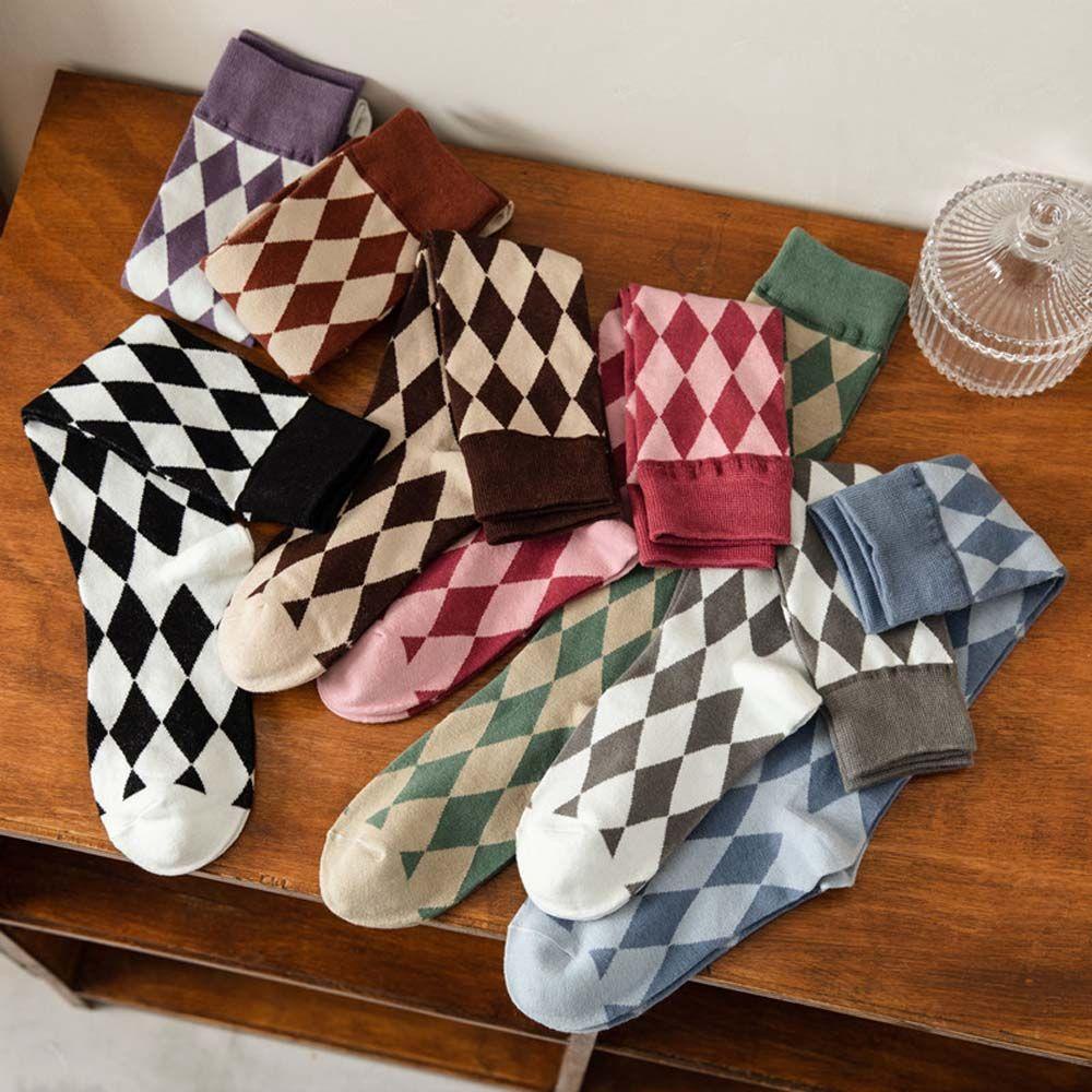 AROMA Tất Cotton Họa Tiết Hình Thoi Dễ Thương Giữ Ấm Cho Nữ
