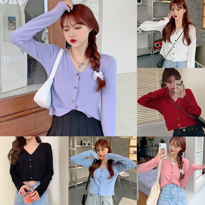 Áo sweater tay dài màu trơn phối nút thời trang cho nữ