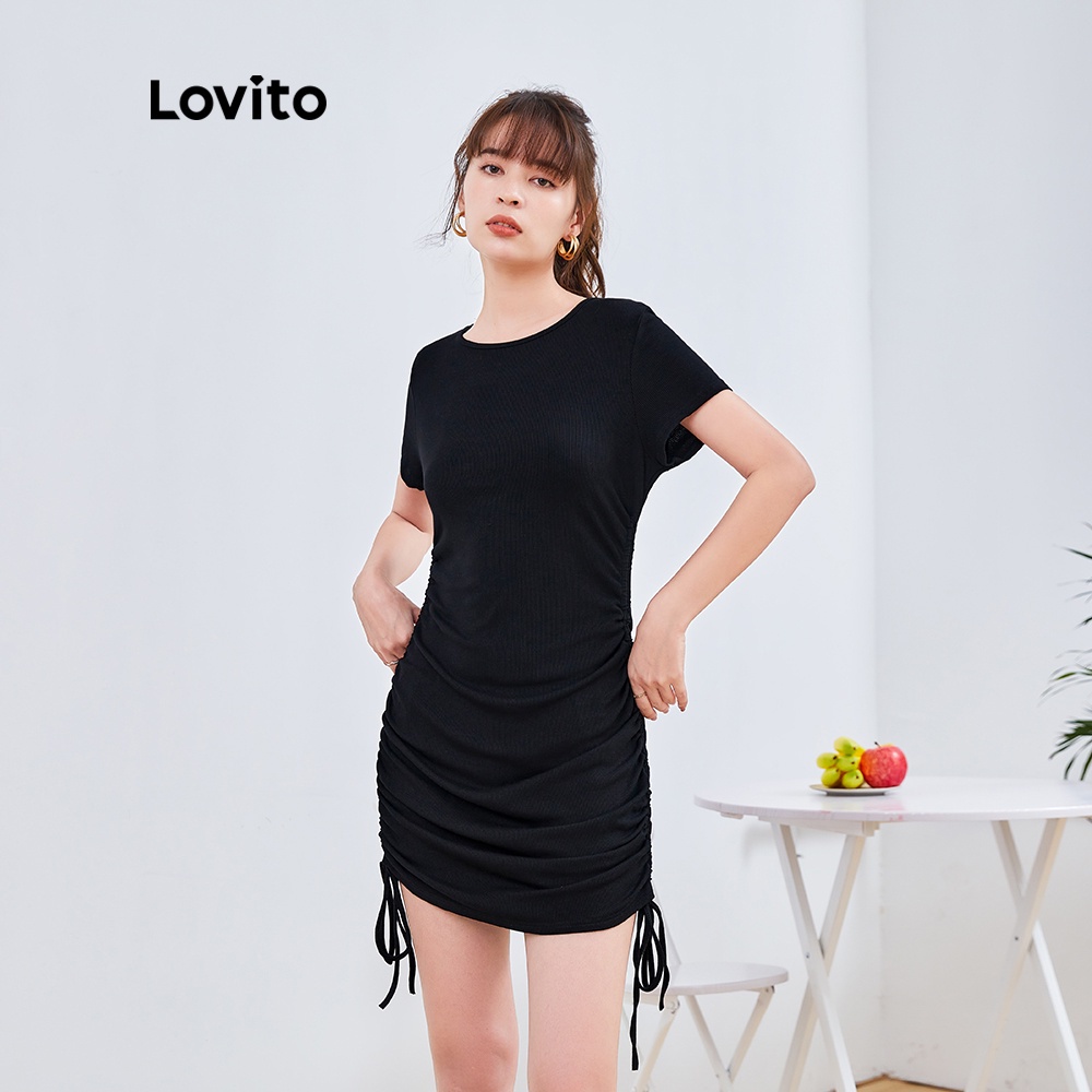 Đầm Lovito mini cổ tròn tay ngắn dây rút phong cách hàng ngày DRMDSYP1029 (Màu đen)