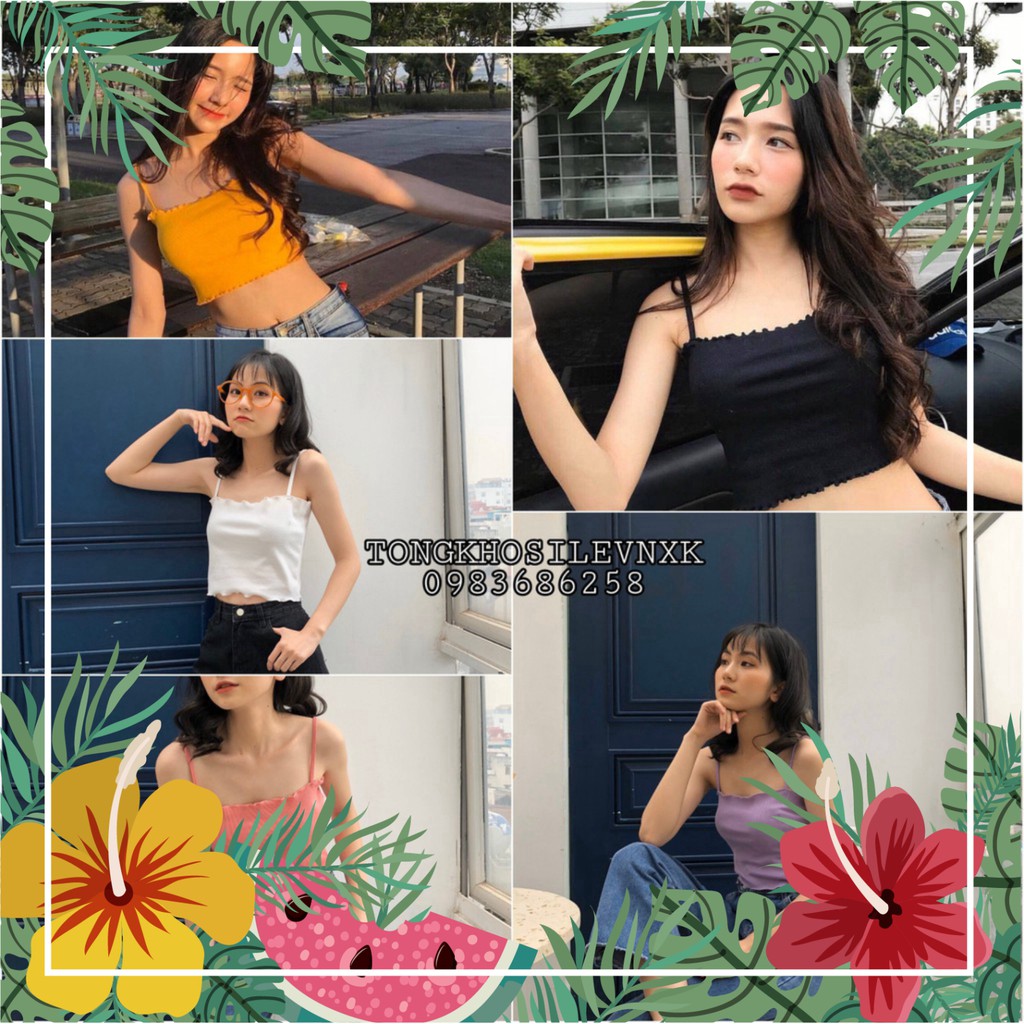 ÁO CROPTOP 2 DÂY CUỐN BIÊN ĐEN TRẮNG VÀNG HỒNG TÍM - CROPTOP LEN TĂM NHÚN VIỀN BÈO NHIỀU MÀU -(Sắn) [ Style loại A ]