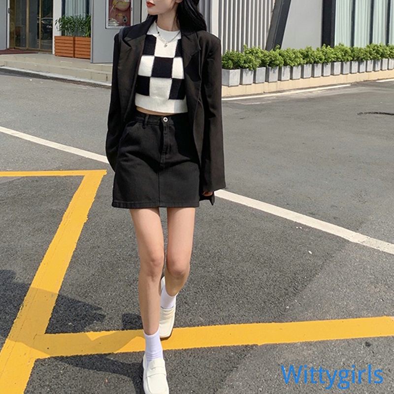 Wittygirls_shop| Áo Croptop tay dài hoạ tiết kẻ sọc màu sắc thiết kế cổ tròn thanh lịch