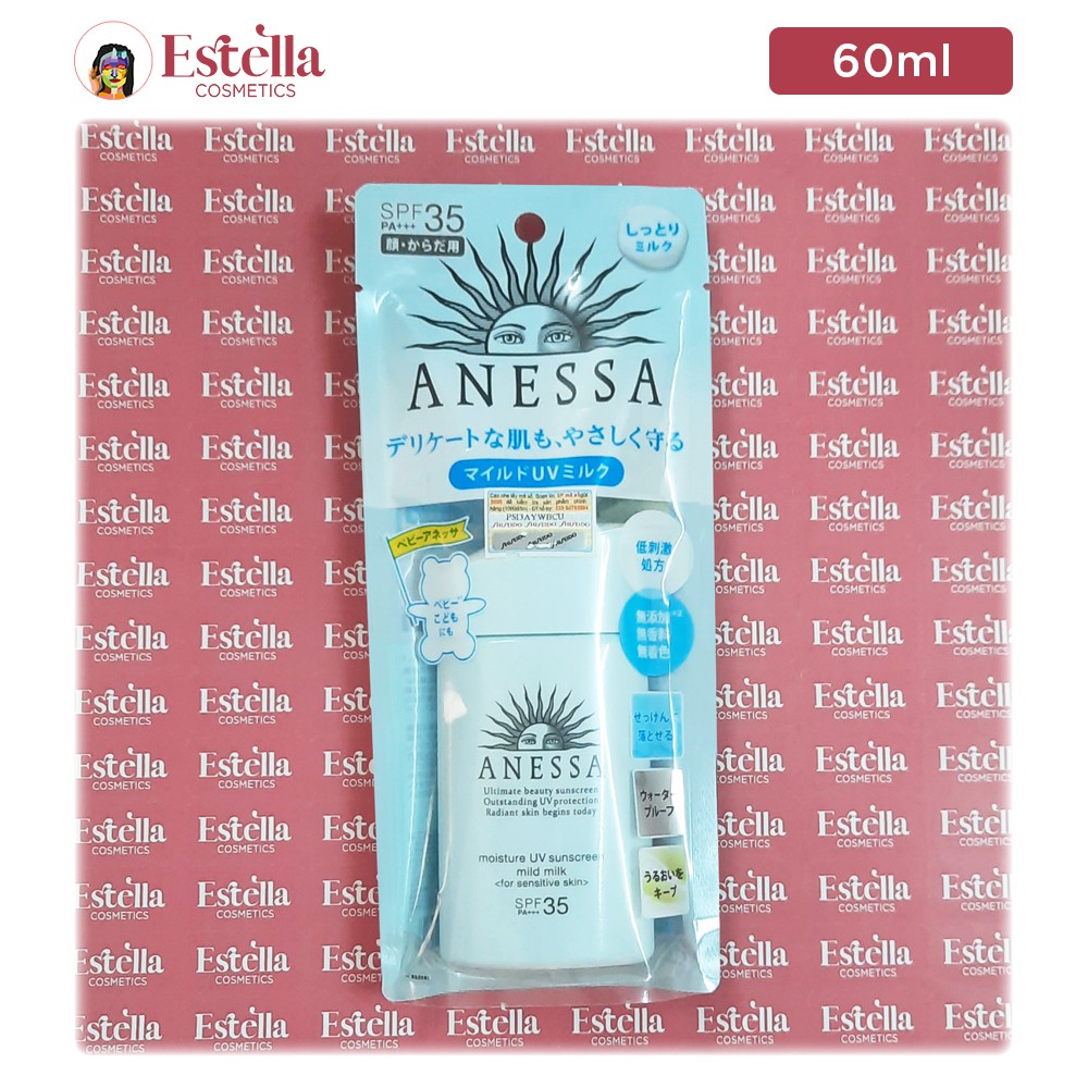 Sữa Chống Nắng Anessa Dành Cho Da Nhạy Cảm &amp; Trẻ Em Anessa Moisture UV Sunscreen Mild Milk SPF35/PA+++ 60ml