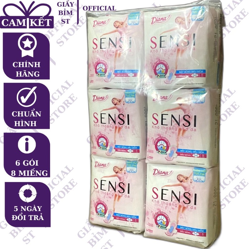 Băng vệ sinh Diana Sensi trắng, dây 6 gói 8 miếng Có cánh/không cánh