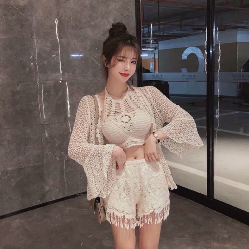 Áo khoác ngoài bikini đi biển, áo choàng đồ bơi len móc Quảng Châu