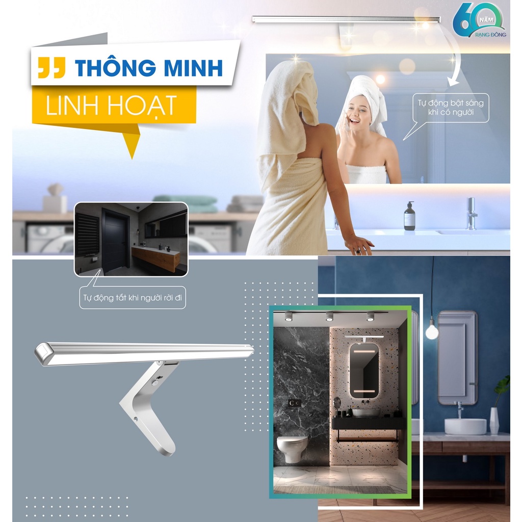Đèn LED chiếu gương cảm biến Rạng Đông Model: G04.PIR 8W đèn tự động bật sáng khi phát hiện có người và tự tắt sau 180s
