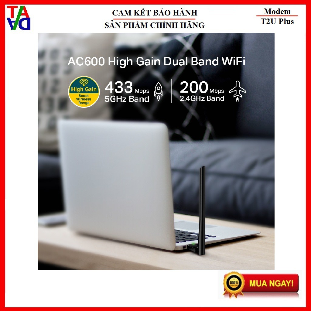 USB thu sóng wifi 2 băng tần TP-Link Archer T2U-Plus chuẩn AC600 256-QAM