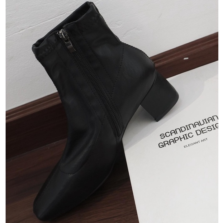 25 STUDIO Giày boots nữ cổ thấp da mềm đế vuông Leather Ankle Boots