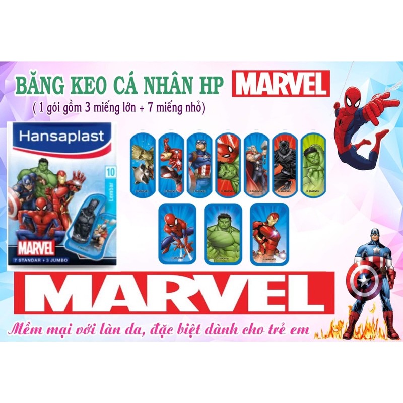 Băng cá nhân Hansaplast (Cartoon, Marvel &amp; Frozen) Băng dán hoạt hình siêu anh hùng, công chúa dễ thương, an toàn cho bé