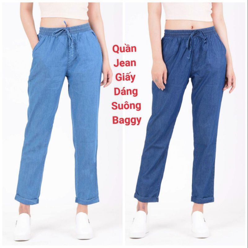 Quần jean giấy baggy dáng suông dài chất liệu vải jean lụa giấy mềm mại, nhẹ ,mát lưng thun