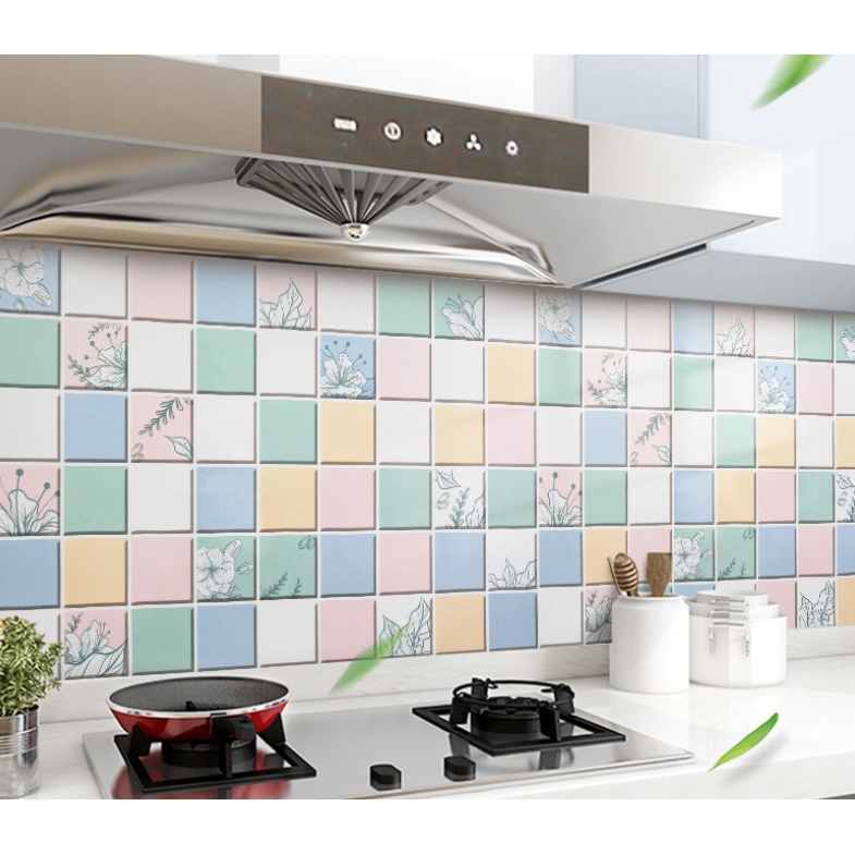 1 mét decal dán bếp tráng nhôm cách nhiệt tường gạch hoa tông màu tươi khổ 60cm keo sẵn