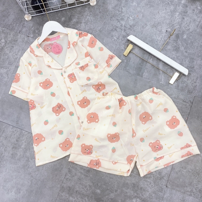 Bộ pijama mặc nhà quần đùi áo cộc hoạ tiết hình xinh, Đồ ngủ nữ xinh hàng Quảng Châu
