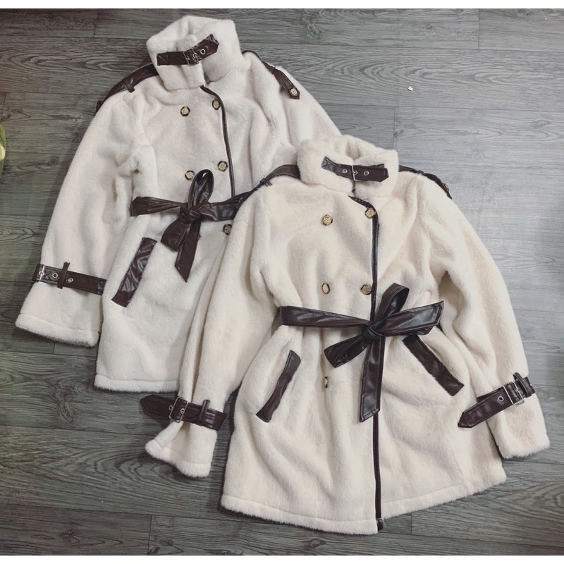 Áo khoác dạ lông đai da 6 cúc