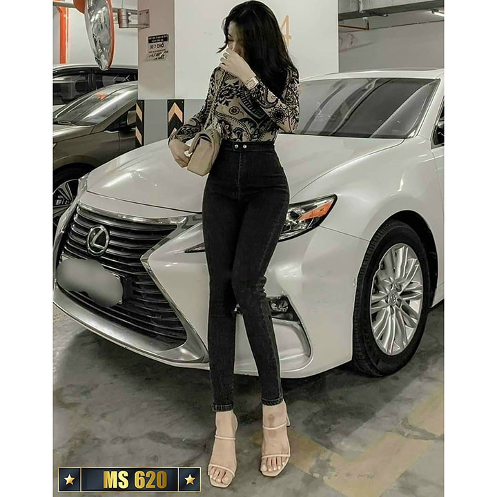 Quần jean nữ lưng cao rách gối mặc tôn dáng chất jean cotton co giãn tốt-  MS522