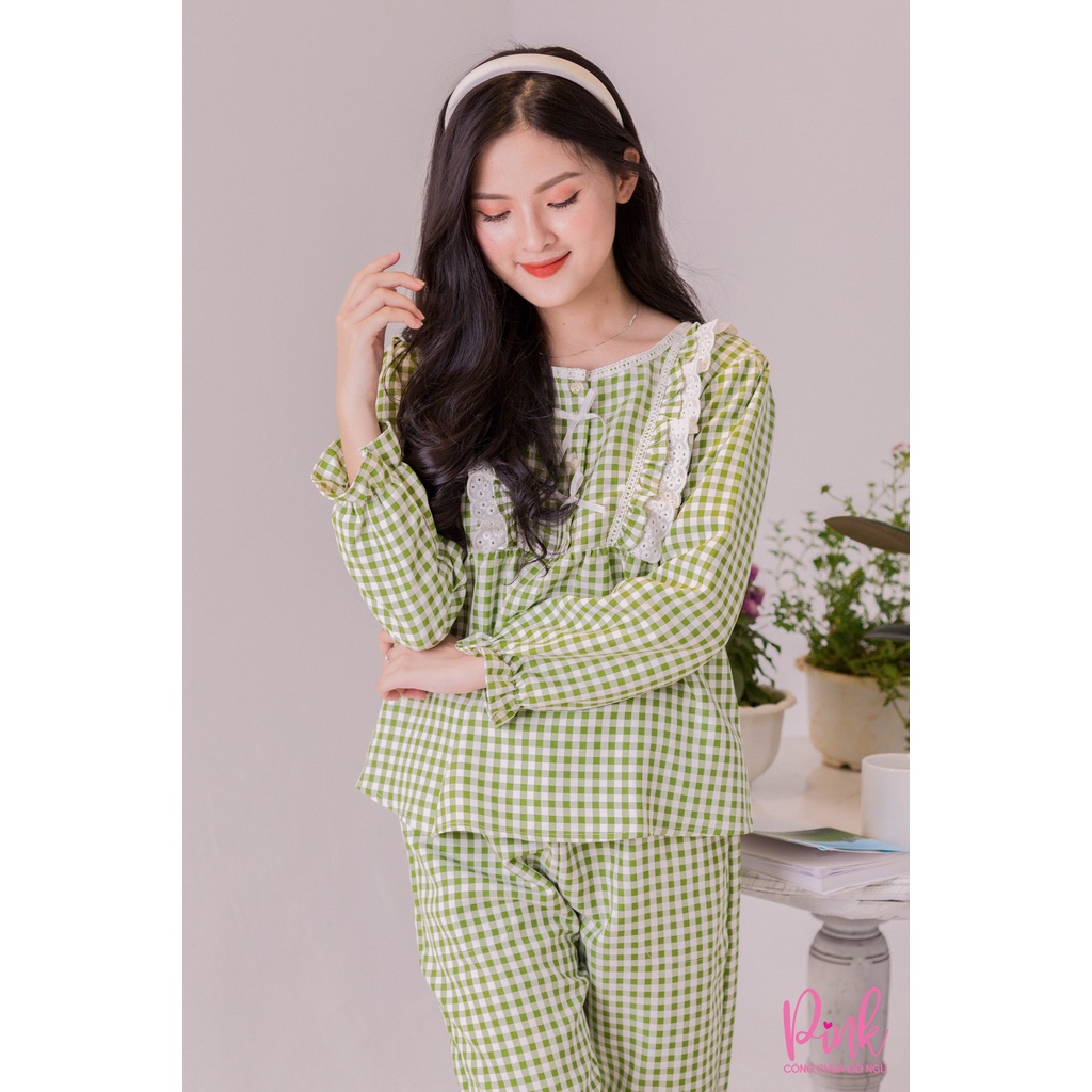 Bộ Ngủ Nữ Pijama Dài Tay Xanh Lục Caro Chất Vải Kate Ấm Siêu Mềm Mịn Đồ Nữ Mùa Đông Thời Trang Hàn Quốc Nữ Tính