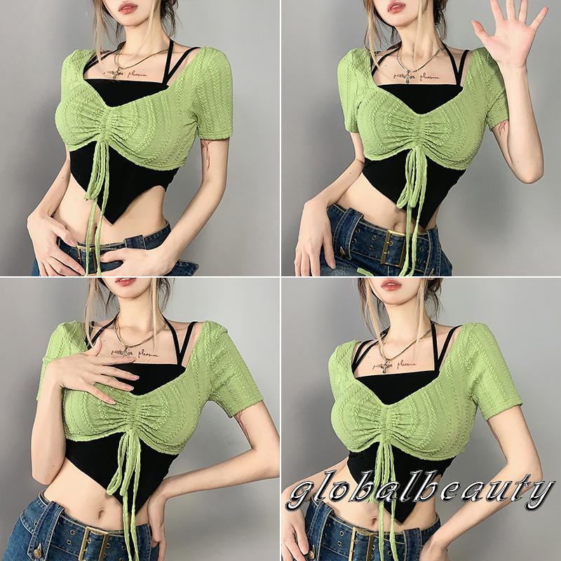 Áo Croptop Hai Dây Và Áo Sơ Mi Tay Ngắn Màu Xanh Lá Phối Dây Rút Thời Trang Dành Cho Nữ