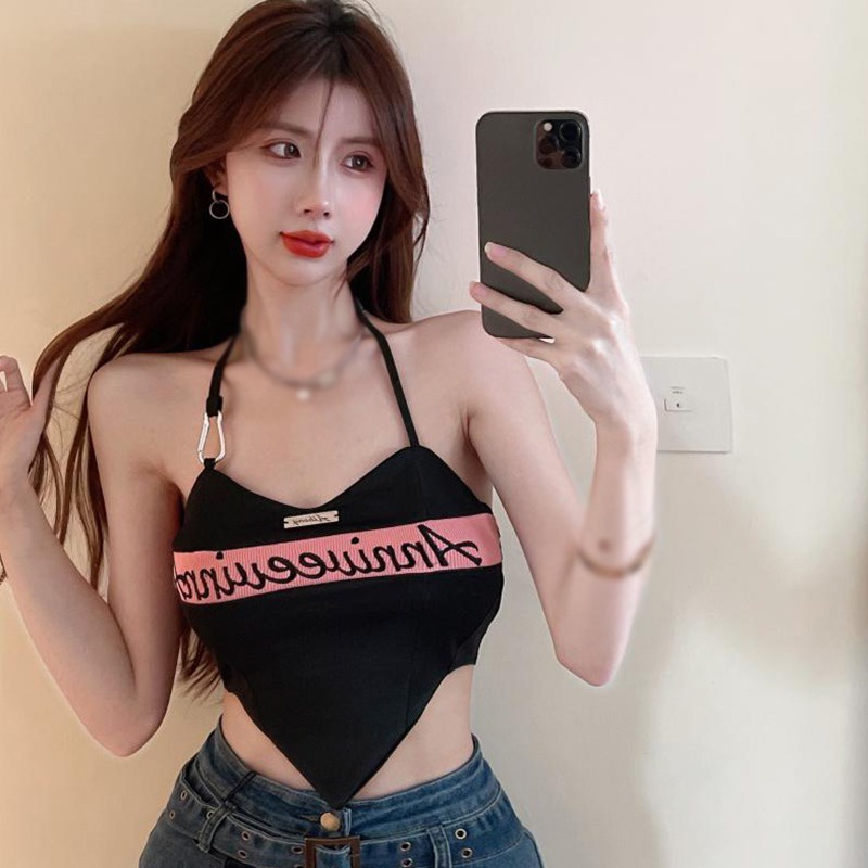Áo Croptop Dệt Kim Hai Dây Thêu Chữ Phong Cách Hàn Quốc Màu Sắc Tương Phản Quyến Rũ Dành Cho Nữ