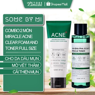 Bộ 2 sản phẩm dành cho da dầu, mụn some by mi AHA-BHA-PHA 30 days miracle acne clear foam and toner full size