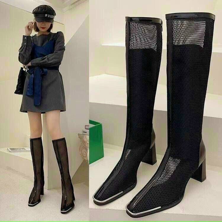 Boot đùi lưới gót vuông vân gỗ mũi săt cao 7 phân cao cấp chất đẹp