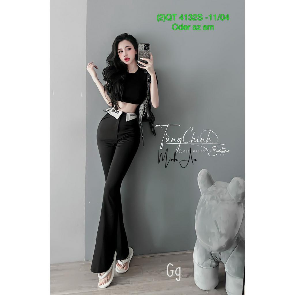 Set nữ áo thun croptop tay ngắn mix quần ống loe chất tuyết mưa dáng dài kiểu gấp lai in chữ xinh hot
