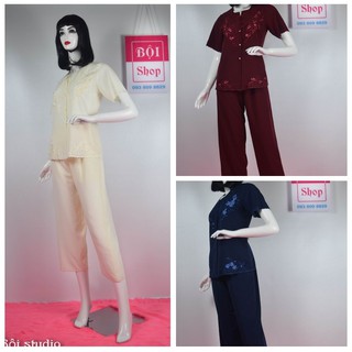 Bộ Lụa Cotton Thêu Trung Niên Và Lớn Tuổi , Loại Tay Ngắn , Quần Dài