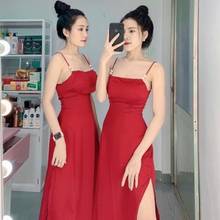 Đầm phi xẻ hai dây đính ngọc kèm mút và kèm quần