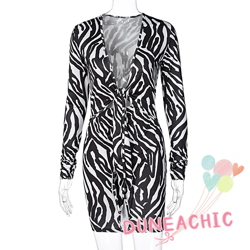 Đầm Tay Dài Cổ Chữ V Khoét Sâu Họa Tiết Ngựa Vằn Quyến Rũ Cho Nữ