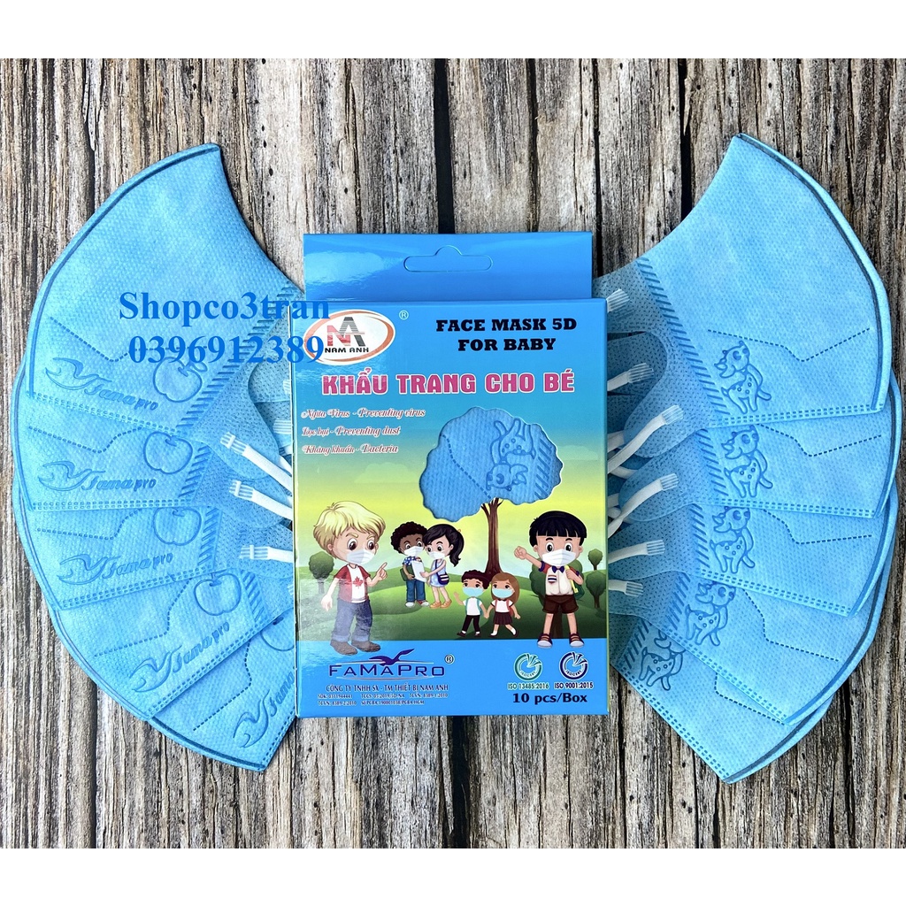 Khẩu trang FAMAPRO 5D BABY MÀU TRƠN 3 lớp kháng khuẩn hộp 10 cái màu Trắng / Xanh / Hồng