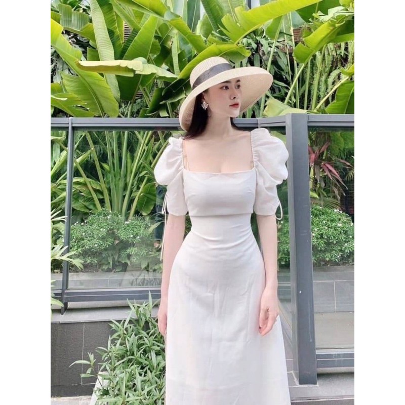 ( Kèm ảnh và video chính chủ) - ĐẦM MIDI CỔ VUÔNG TAY RÚT