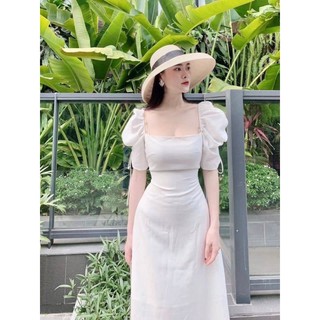- đầm midi cổ vuông tay rút