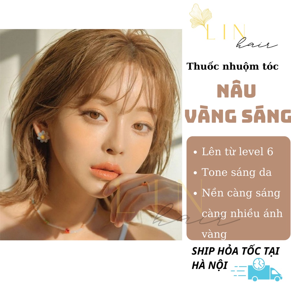 Thuốc nhuộm tóc màu NÂU VÀNG SÁNG tặng kèm oxy, dụng cụ nhuộm tóc và hấp collagen phục hồi Linhair
