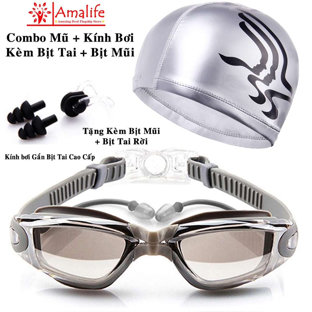 COMBO Mũ Bơi PU và Kính Bơi Bịt Tai Cao Cấp – Tặng Kèm Bịt Mũi và Bịt Tai Rời Tiện Dụng Hãng Amalife
