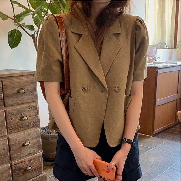 Áo Khoác Blazer Mỏng Tay Ngắn Phồng Phong Cách Retro Hàn Quốc Cho Nữ | BigBuy360 - bigbuy360.vn