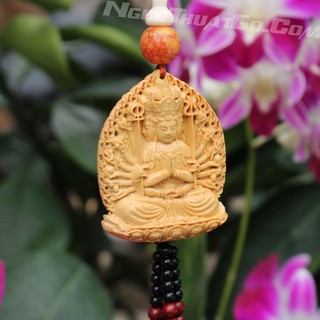 Dây treo xe ô tô tượng Phật Thiên Thủ Thiên Nhãn bằng gỗ Hoàng Dương - TẶNG 1 VÒNG ĐEO TAY [RẺ SẬP SÀN]