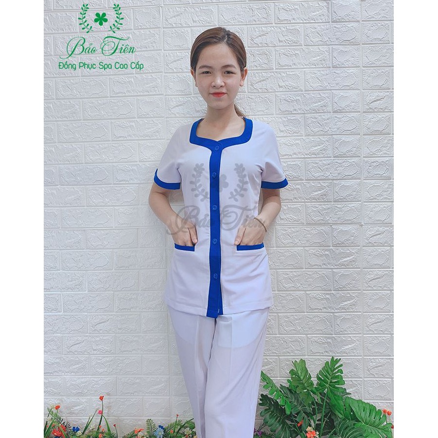 Bộ Đồng Phục Spa - Thẩm Mỹ Cao Cấp Màu Trắng Viền Xanh Dương