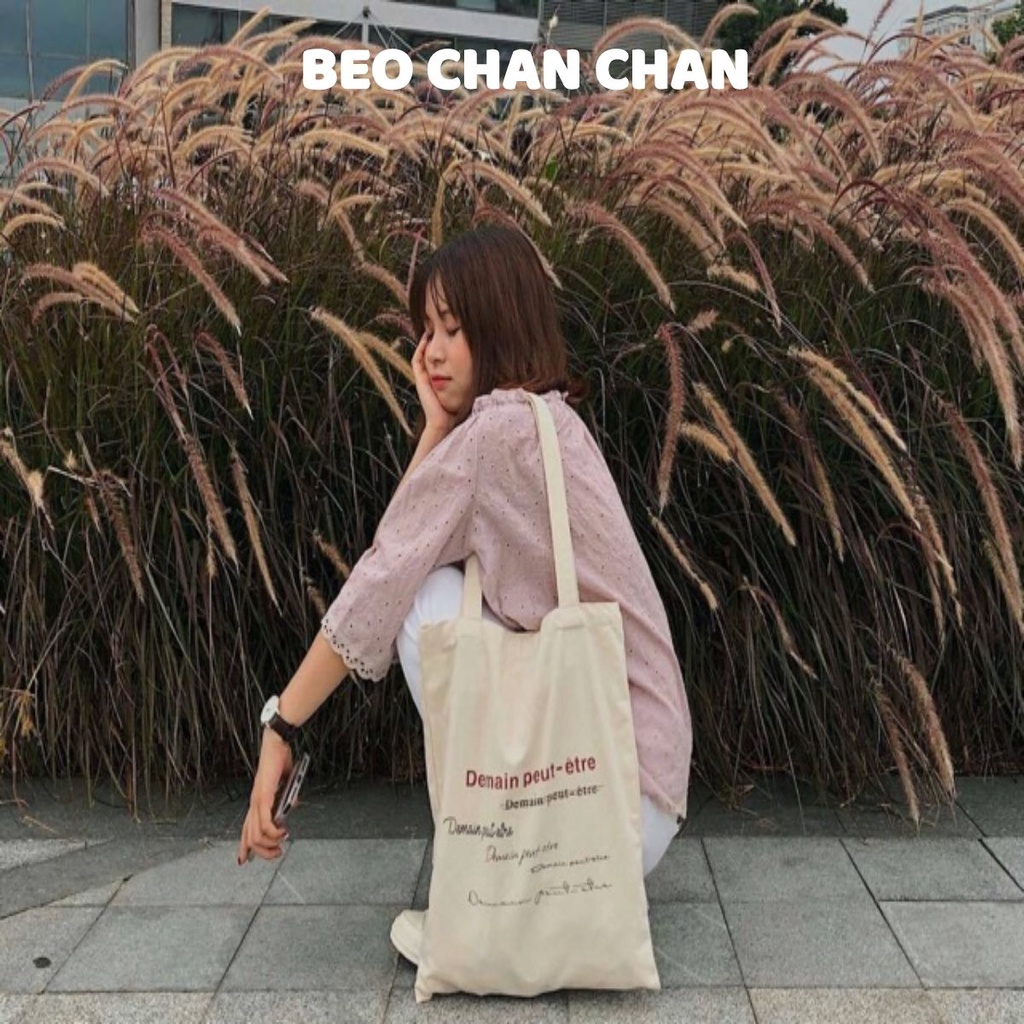 TÚI TOTE VẢI TÚI TOTE TRẮNG NGÀ VINTAGE CHỮ ĐỎ DEMAIN