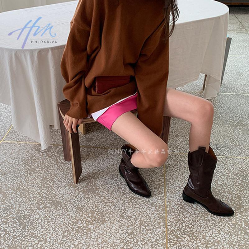 Giày Bốt Cao Bồi Bằng Da Thật Mũi Nhọn Gót Dày Vừa Vặn Phong Cách Cao Bồi Phương Tây Cho Nữ