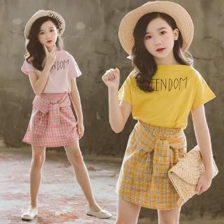 Set Áo Thun Ngắn Tay+Chân Váy Yếm Caro Phong Cách Hàn Quốc Cho Nữ