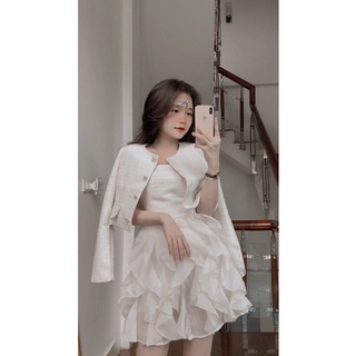 Sét áo khoác dạ + váy 2s phối bèo