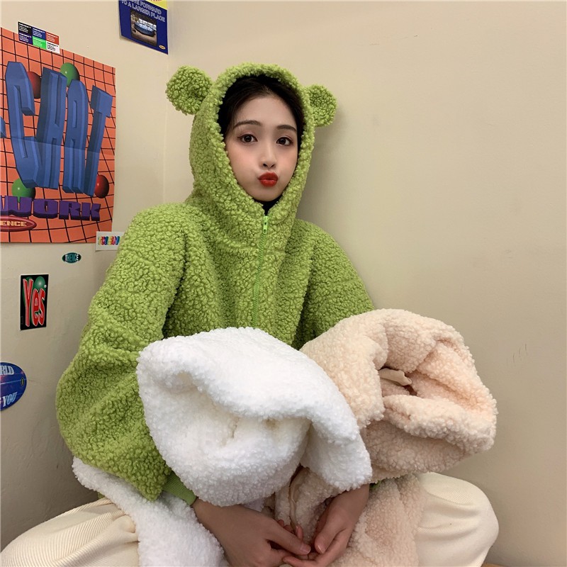 Dễ Thương Áo Khoác Len Lông Cừu Có Mũ Trùm Đính Tai Đáng Yêu | BigBuy360 - bigbuy360.vn