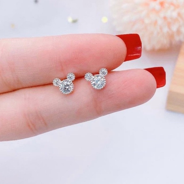 Set dây chuyền bông tai bạc ta bông tai gấu mickey đính đá nhỏ xinh đơn giản trẻ trung vòng cổ nữ bạc thật giá rẻ