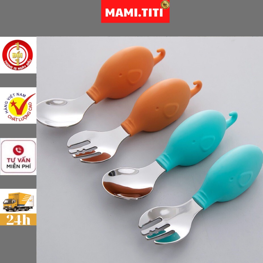 Thìa ăn dặm cho bé, bộ thìa dĩa Inox 304 hình voi kèm hộp an toàn vệ sinh cho bé